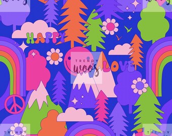 Mountains Outdoor Adventure Forest Nature Hippie Dopamine Psychedelic Seamless Pattern / Fabric Design / Surface Pattern / Digital Pattern
