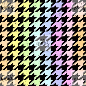 May include: A seamless pattern featuring a black and white houndstooth design with a rainbow gradient effect. The pattern is repeated throughout the image.