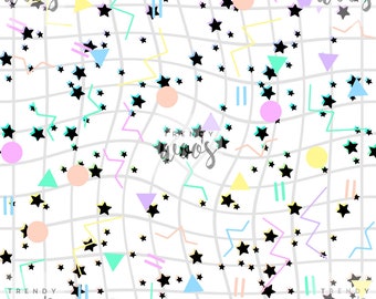 May include: A white background with a grid pattern and black stars, pink, blue, and yellow geometric shapes, and the text "TRENDY woo's" in black.