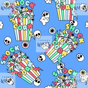 Peut inclure: Un motif sans couture sur fond bleu avec un motif répété de seaux de pop-corn remplis de crânes, d'yeux et d'araignées. Les seaux sont rayés de couleurs arc-en-ciel et portent l'inscription "Shock Corn". Le motif est parfait pour Halloween ou des projets sur le thème de l'horreur.