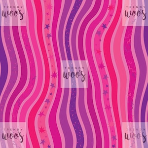 May include: A seamless pattern with wavy pink and purple stripes, pink stars, and pink confetti. The text "TRENDY woo's" is repeated in the corners of the pattern.