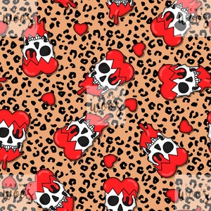 Heart Breaker Love Halloween Valentines Anti-Valentine Skull Punk Leopard Seamless Pattern / Digital / Surface Pattern / Fabric Design