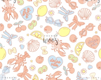 La Dolce Vita Italian Beach Summer Lobster Lemon Pasta Amalfi Italy Seamless Pattern / Fabric Design / Surface Pattern / Digital Pattern