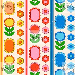May include: A seamless pattern featuring three vertical stripes of different colored flowers. The first stripe features yellow, orange, and red flowers. The second stripe features pink, red, and orange flowers. The third stripe features blue, green, and white flowers.