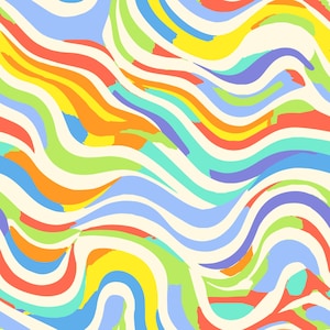 May include: Abstract pattern with wavy lines in shades of blue, green, yellow, orange, and red on a cream background.