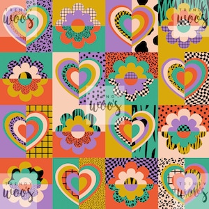 May include: A colorful pattern with hearts and flowers in a patchwork design. The background is a mix of yellow, orange, green, and purple. The hearts are multi-colored and have a retro style. The flowers are also multi-colored and have a daisy-like shape.