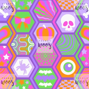 May include: A colourful, repeating pattern of Halloween-themed icons in a honeycomb design. The icons include a skull, pumpkin, spider, bat, eye, bow, heart, stars, and a spider web. The background is a mix of purple, green, pink, and orange.