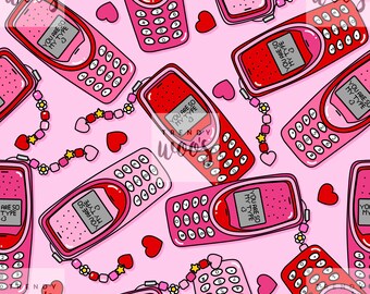 My Type Love Valentines Pink Retro Phone 90s Y2K Girl Seamless Pattern / Fabric Design / Surface Pattern / Digital Paper / Digital Pattern