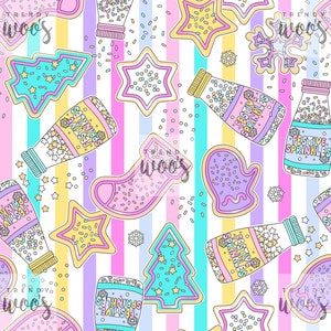 Christmas Xmas Cookies Baking Biscuits Sprinkles Cute Retro Pastel Seamless Pattern / Fabric Design / Surface Pattern / Digital Pattern