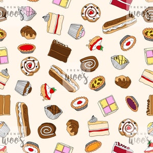 Puede incluir: Un patrón sin costuras que presenta una variedad de pasteles y postres coloridos, que incluyen cupcakes, pasteles, tartas y éclairs. El fondo es de color beige claro.