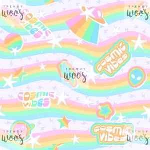Cosmic Vibes Retro Celestial Space Rainbow Pastel Seamless Pattern / Fabric Design / Surface Pattern / Digital Pattern