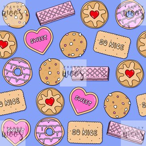 May include: A blue background with a pattern of various cookies and biscuits. The cookies are in different shapes, including hearts, circles, and squares. Some of the cookies have pink frosting, while others have white frosting. The cookies have different messages on them, including "Sweet", "So Nice", and "O Nice".