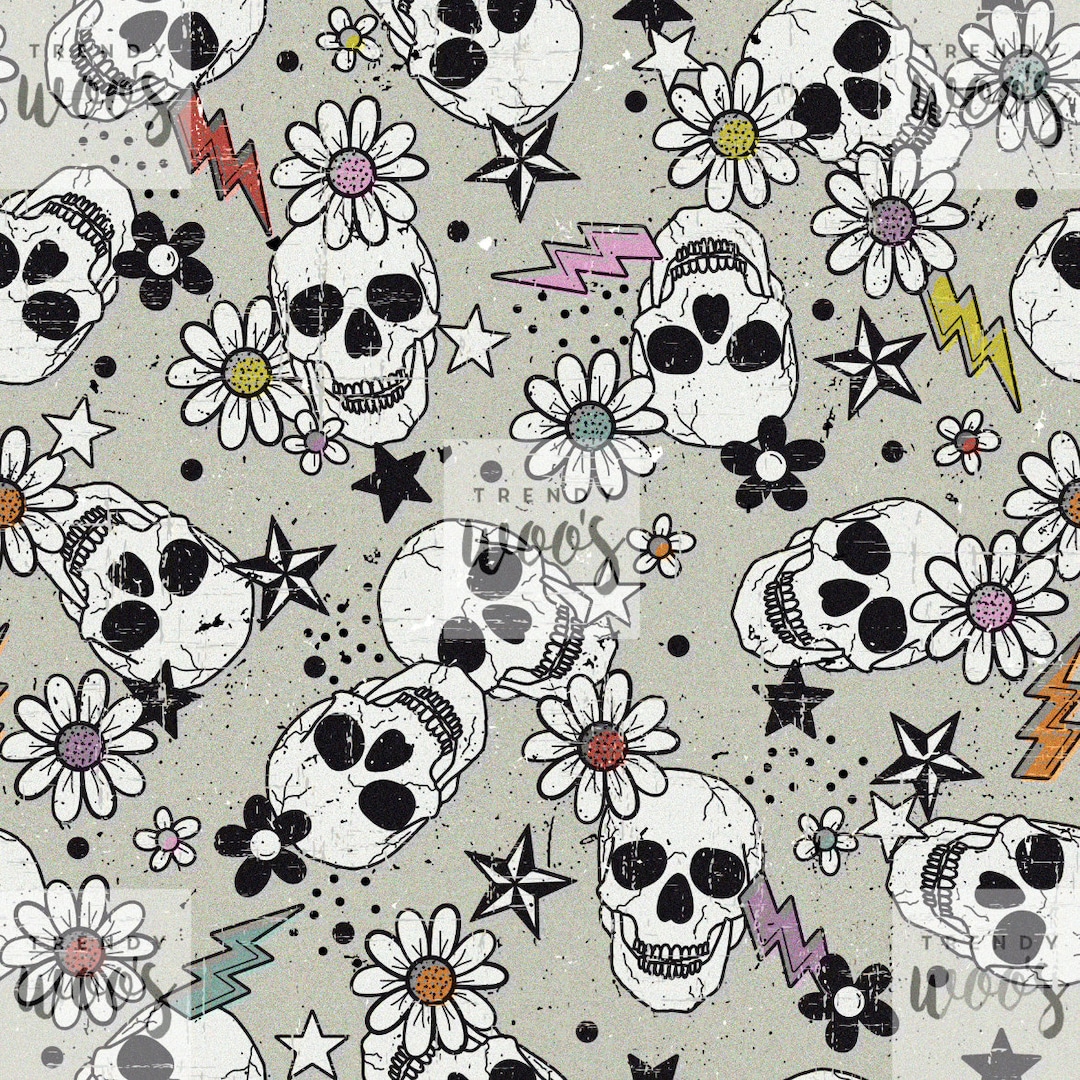 Skulls Alternative Punk Gothic Foral Boho Bohemian Seamless Pattern ...