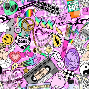 May include: A pink and white digital print fabric featuring a variety of Y2K-inspired graphics, including a peace sign, a cassette tape, a smiley face, a lightning bolt, a heart, a flower, a chain, a soda can, a mobile phone, a cherub, a baby, and the text "Wanna Dance?" and "Y2K".