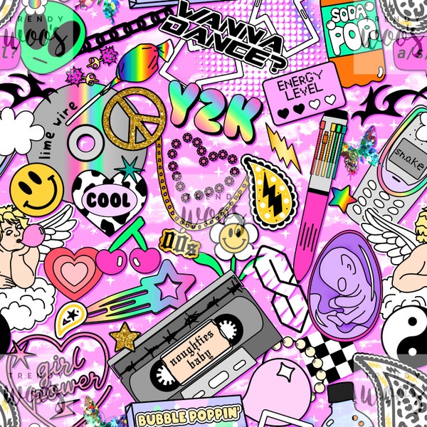 Könnte beinhalten: Ein digitaler Druckstoff in Rosa und Weiß mit verschiedenen Grafiken im Y2K-Stil, darunter ein Peace-Zeichen, ein Kassettenband, ein Smiley, ein Blitz, ein Herz, eine Blume, eine Kette, eine Limonade-Dose, ein Handy, ein Cherub, ein Baby und der Text "Wanna Dance?" und "Y2K".
