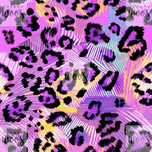 Op de afbeelding: Abstract naadloos patroon met een roze achtergrond, zwarte luipaardvlekken en paarse en gele penseelstreken.