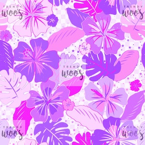 Tropical Floral Exotic Flowers Summer Beach Y2K Cute Girls Doll Purple Pink Seamless Pattern / Fabric Design / Surface Pattern / Digital