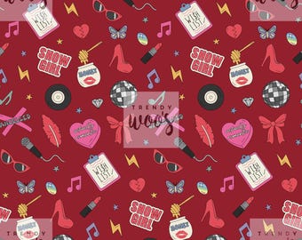 May include: A repeating pattern on a red background featuring various illustrations. Includes a disco ball, high heels, lipstick, musical notes, and the text "SHOW GIRL" and "WISH LIST".