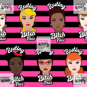 Puede incluir: Un patrón repetido de rayas horizontales negras y rosas con ilustraciones de rostros de mujeres y el texto "Resting Bitch Face" en blanco.