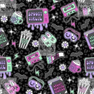 May include: A black and white leopard print background with various Halloween themed illustrations.  The illustrations include a television with the words "Spooky Girlie" on the screen, a cassette tape with the words "Horror Tunes", a book with the words "Creepy Bedtime Stories", a popcorn bucket with the words "Shock Corn", a cup with a spider web, a pair of slippers, and a sleep mask with a jack-o-lantern face.