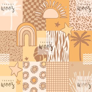 May include: A digital collage featuring various patterns and designs in shades of brown, beige, and yellow. The patterns include a checkered pattern, a leopard print, a zebra print, a wave pattern, a sunflower pattern, and a palm tree pattern. The collage also includes a rainbow, a sun, and stars.