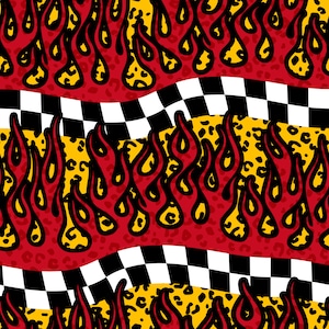 May include: A dynamic pattern with repeating red and yellow flames outlined in black. The design includes a yellow leopard print background and black and white chequered stripes, offering a striking and lively visual appeal.