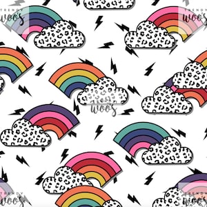 May include: A seamless pattern featuring colorful rainbows, white clouds with black leopard print, and black lightning bolts on a white background. The text "TRENDY WOO'S" appears in the pattern.