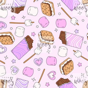May include: A pink and purple seamless pattern featuring a variety of s'mores ingredients, including graham crackers, chocolate bars, marshmallows, and sticks. The pattern also includes hearts and stars.