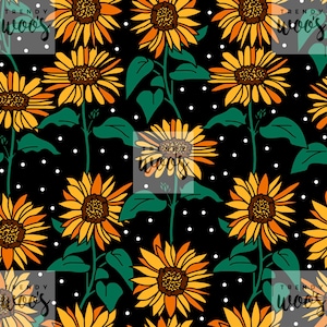 May include: A seamless pattern featuring yellow sunflowers with orange centres on a black background with white polka dots. The sunflowers have green leaves and stems.