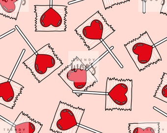 May include: A repeating pattern of red heart-shaped lollipops on a light pink background. Each lollipop is individually wrapped in a square package with a jagged edge and a white stick. The design is a playful and sweet theme.
