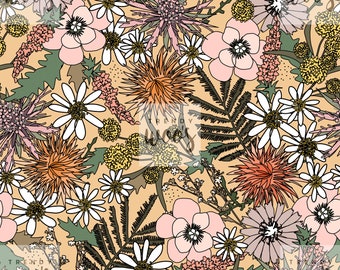 Patrón bohemio sin costuras con motivos florales salvajes de los años 70 / Diseño de tela / Patrón de superficie / Papel digital / Descarga digital / Patrón digital