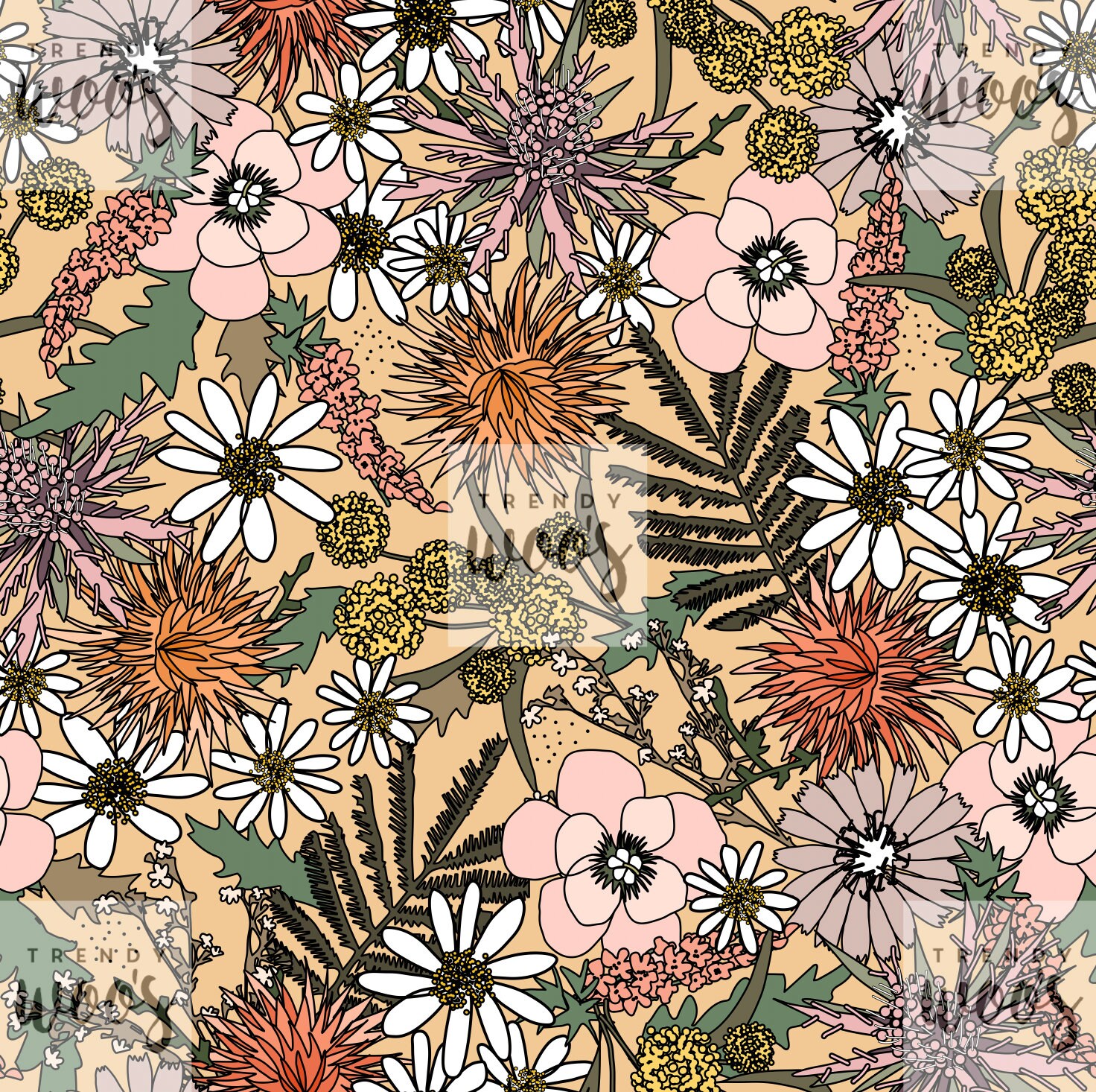 70s Floral Wild Floral Boho Bohemian Seamless Pattern / Fabric Design ...