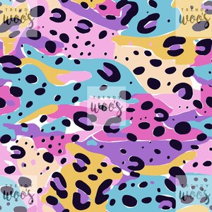 Puede incluir: Patrón abstracto sin costuras con un diseño de estampado de leopardo en negro, blanco, rosa, amarillo, azul y morado.