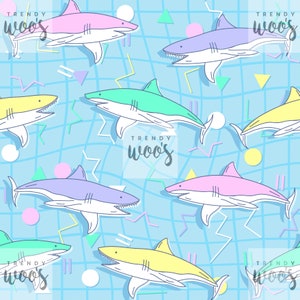 Memphis Retro Tubarão Mar Praia Verão Anos 80 Arco-íris Pastel Meninas Bonito Padrão Sem Costura / Design de Tecido / Padrão de Superfície / Padrão Digital