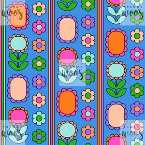 May include: A seamless pattern featuring a repeating design of stylised flowers in shades of pink, orange, green, blue, and purple on a light blue background.