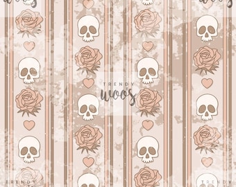 Pinstripe Skull Rose Skeleton Halloween Valentines Goth Punk Boho Muted Seamless Pattern / Fabric Design / Surface Pattern / Digital Pattern