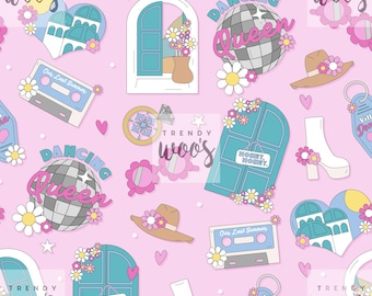 May include: A pink seamless pattern featuring various illustrations including a disco ball with "Dancing Queen" text, a cassette tape, a door, a hat, and a boot, all adorned with flowers. The design also includes hearts and the text "Honey, Honey."