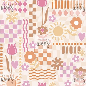 May include: A repeating pattern featuring flowers, hearts, and geometric shapes in shades of pink, peach, and brown on a cream background. The text "trendy woo's" is repeated throughout the design. The overall theme is a retro floral design.