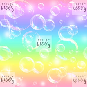 May include: A seamless pattern of iridescent soap bubbles on a rainbow gradient background. The bubbles are various sizes and are arranged in a random pattern. The background is a gradient of pink, purple, blue, green, yellow, and orange.