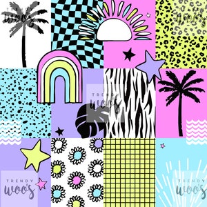 May include: A colourful collage of 9 squares with different patterns and designs. The squares include a chequered pattern, a zebra print, a leopard print, a rainbow, a sun, a palm tree, a monstera leaf, a grid pattern, and a field of daisies. The text "TRENDY WOO'S" appears in the top left and bottom right corners.