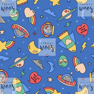 May include: A blue background with a repeating pattern of colorful space-themed illustrations. The design includes planets, rockets, aliens, rainbows, stars, and the text "out of this world!"