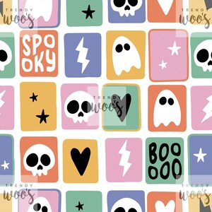 May include: A colorful pattern with Halloween themed illustrations. The pattern includes ghosts, skulls, hearts, stars, lightning bolts, and the words "Spooky" and "Boo Boo".