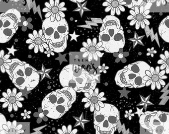 Skulls Alternative Punk Gothic Foral Rock and Roll Monochrome Rock Seamless Pattern / Fabric Design / Surface Pattern / Digital Pattern