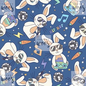 May include: A seamless pattern featuring cartoon bunnies wearing sunglasses and holding microphones and boomboxes. The background is a dark blue with white stars, musical notes, lightning bolts, carrots, and disco balls.