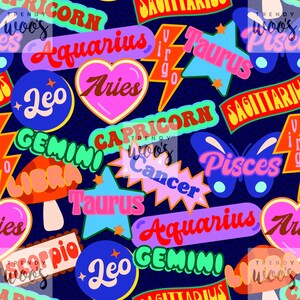 Sternzeichen Astronomie Sternzeichen Horoskop Helles Regenbogen Astrologie Retro Nahtloses Muster / Stoffdesign / Oberflächenmuster / Digitales Muster