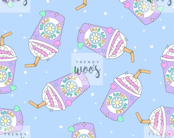 May include: A seamless pattern featuring a purple iced coffee cup with a white lid and a straw. The cup has a pink and white swirl on top and is decorated with a daisy, hearts, and the text "ICED COFFEE QUEEN". The background is a light blue with white stars.
