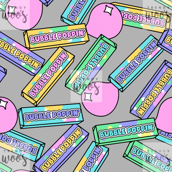 Könnte beinhalten: Ein nahtloses Muster mit bunten Kaugummipackungen mit dem Text "Bubble Poppin'" auf grauem Hintergrund. Die Packungen sind in verschiedenen Farben, darunter Gelb, Blau, Grün und Lila. Über das Muster verteilt sind auch rosa Kaugummiblasen.