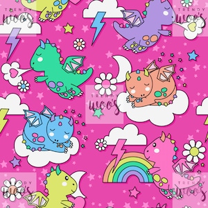 May include: A seamless pattern featuring cute cartoon dragons in various colors flying and sleeping on clouds. The background is pink with white stars, lightning bolts, and flowers.