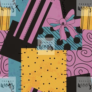 Puede incluir: Un patrón de patchwork colorido con colores negro, rosa, amarillo, azul y blanco. El patrón incluye lunares, rayas, remolinos y un lazo. El texto "TRENDY WOOS" aparece varias veces en la imagen.