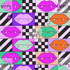 Vampire Fangs Lips Halloween 70s Retro Geometric Pastel Kawaii Seamless Pattern / Fabric Design / Surface Pattern / Digital Pattern